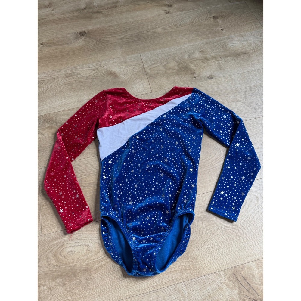 Girls Motionwear leotard velvet red white blue stars‎ long sleeve USA L 12-14